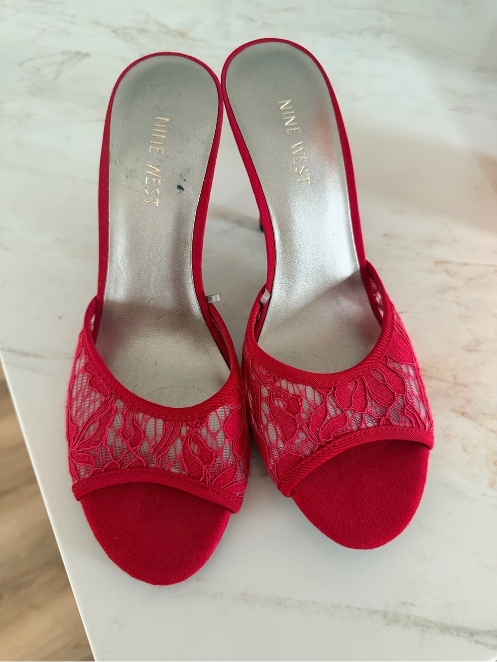 Nine West Red/pink Lace Open-Toe Mule Heels